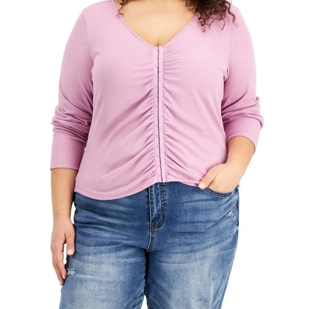 Hippie Rose Ruched Hook Eye Front Top Ribbed Long Sleeve Pink NEW Plus Size 2X